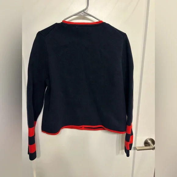 Boden Holly Cropped Knitted Jacket in Navy with Red Trim 100% Cotton - Picture 9 of 11